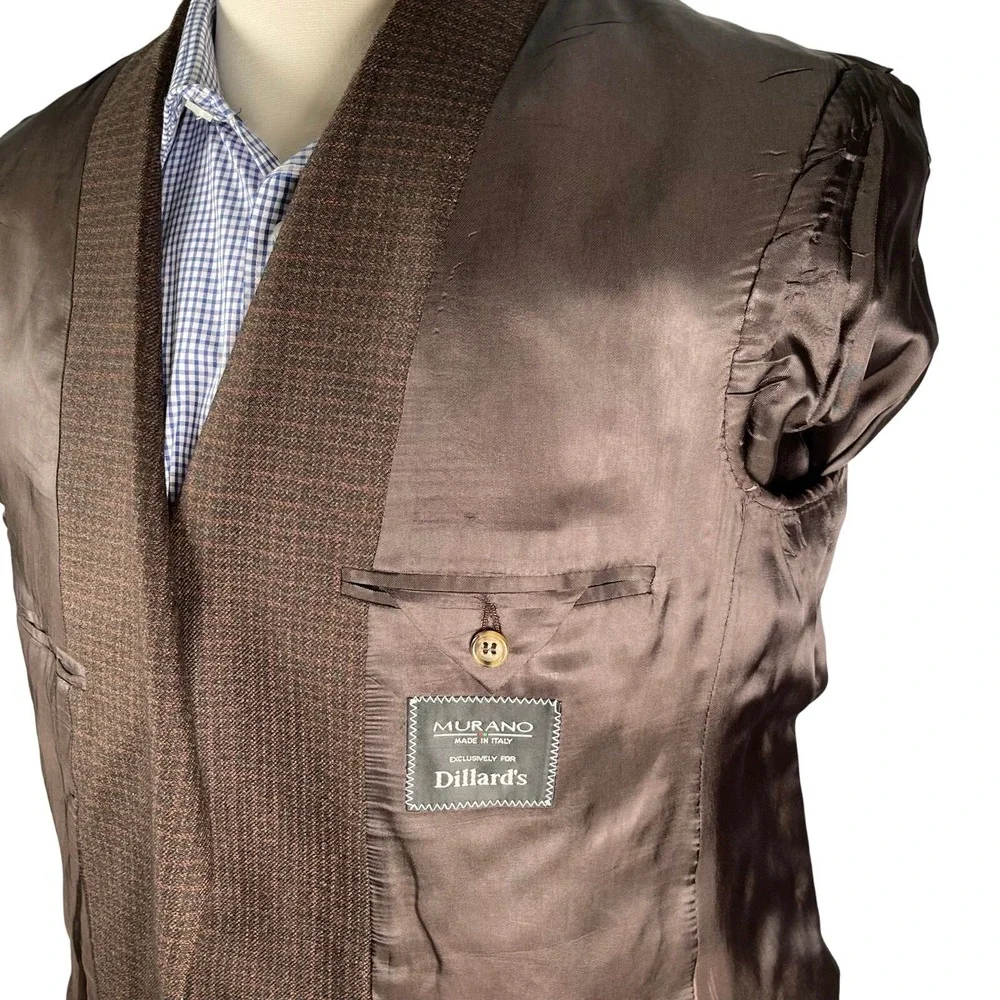 Murano Sport Coat Mens 44L Brown Check Worsted Wool Cashmere Two Button Dillards